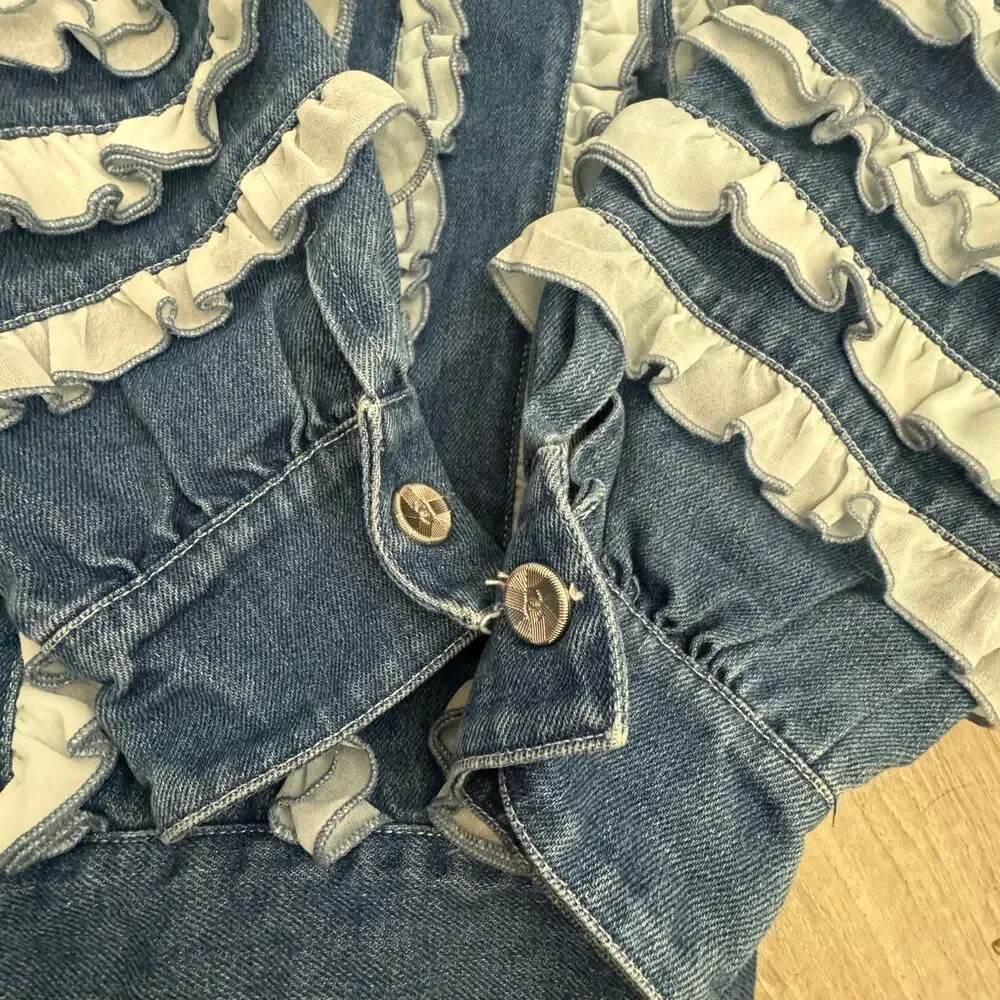 Cropped Ruffle Sleeve Denim Jacket Made Italy Parisian Couture Chic 36 - Picture 3 of 13